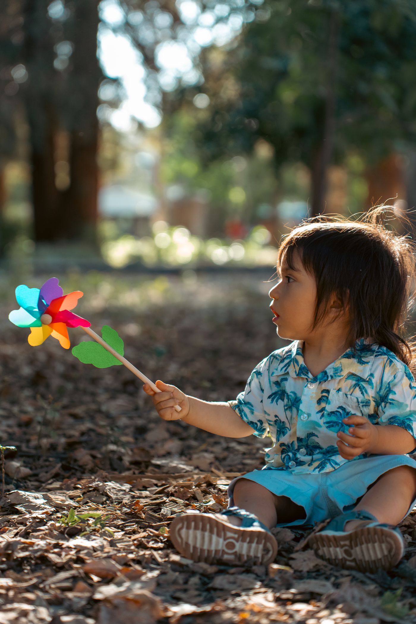 Niño jugando con un remolino de colores entre las hojas secas